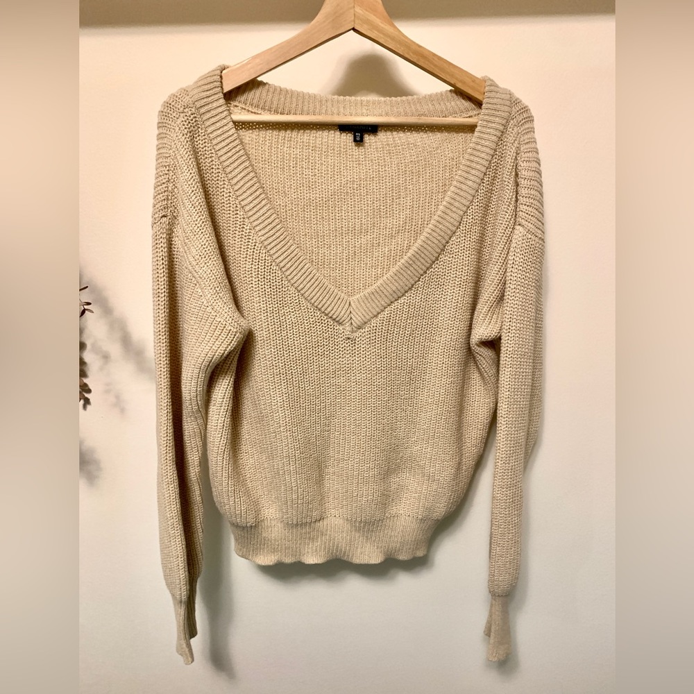 DYNAMITE Cream/Oatmeal Knit V-neck Oxford Sweater S